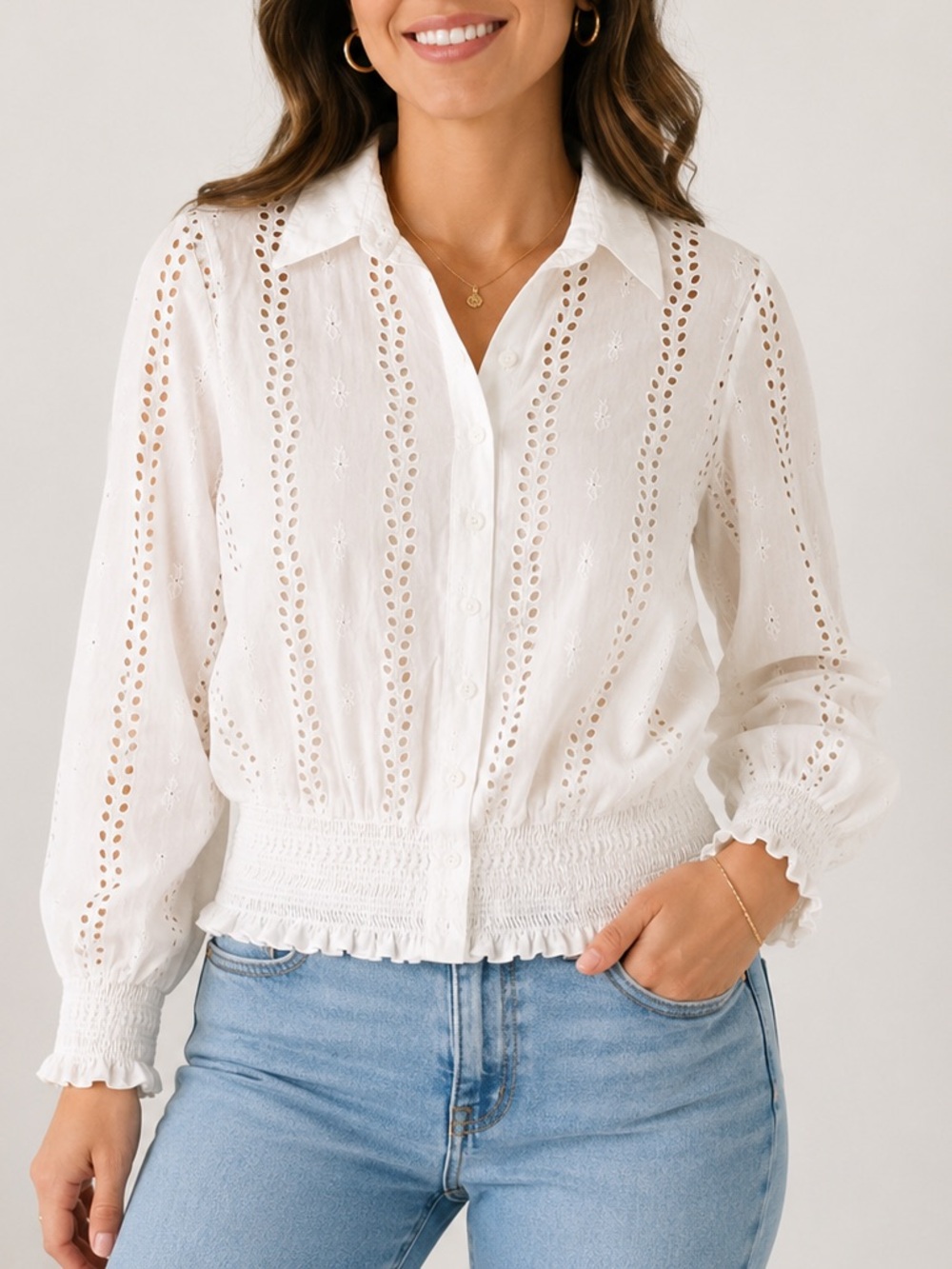 Anne Fontaine Purity White Eyelet Button Down Cotton Smocked Waist French Top